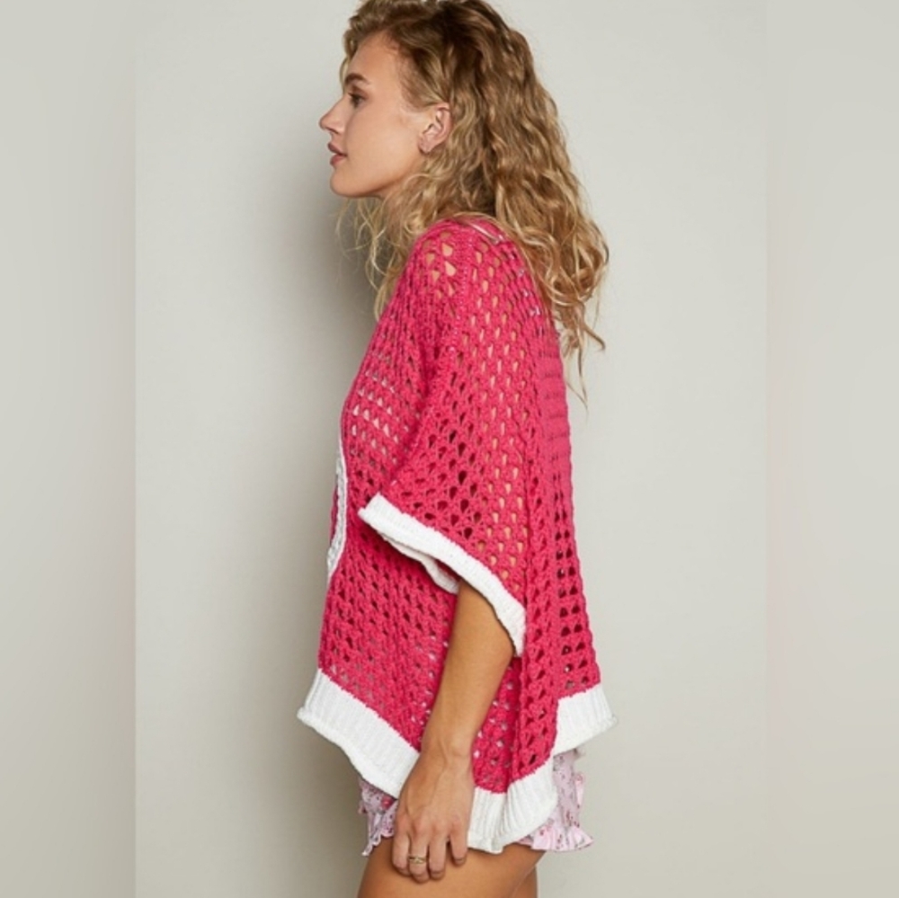 POL Open Knit Vneck Peace Sign Summer Sweater. Pink/White. Size S - Picture 3 of 11